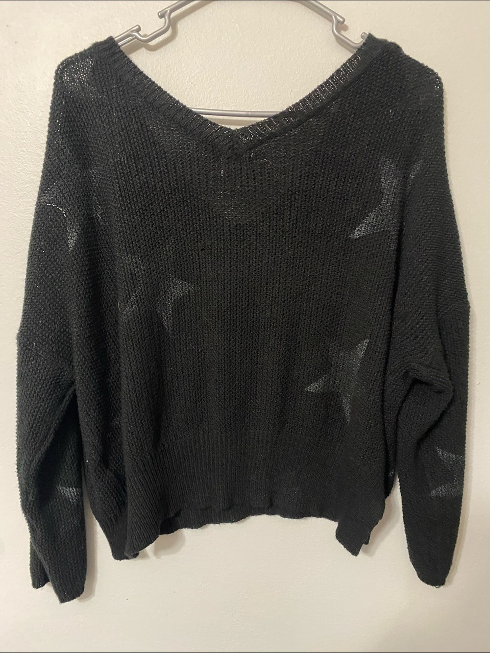 POL Black V-Neck Star Knit Oversized Boxy Sweater Woman’s Small - Picture 2 of 8